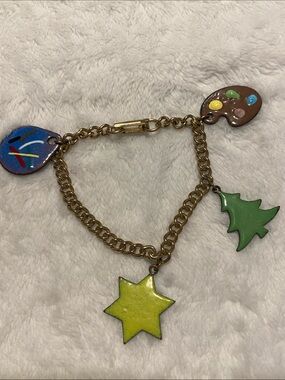 Vintage Copper enamel Charm Bracelet with Green Star & yellow Tree Charms